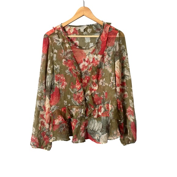 belle sky Tops - Belle Sky Floral Sheer Ruffle Peplum Blouse Size L Olive Green Red Polyester